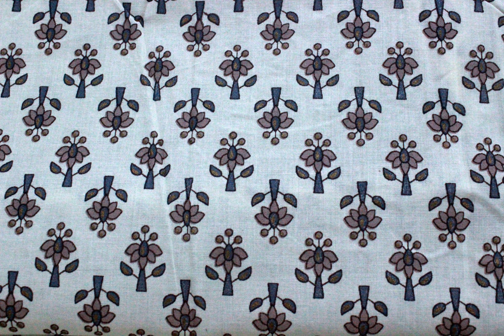 Hand Block Print Cotton Fabric: Blue Brown Floral Indian Fabric