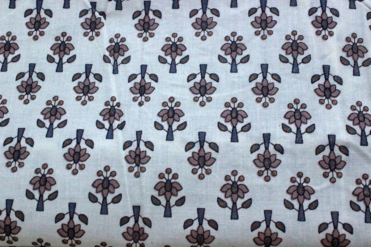 Hand Block Print Cotton Fabric: Blue Brown Floral Indian Fabric