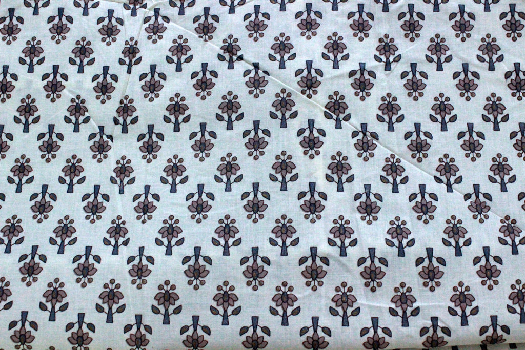 Hand Block Print Cotton Fabric: Blue Brown Floral Indian Fabric
