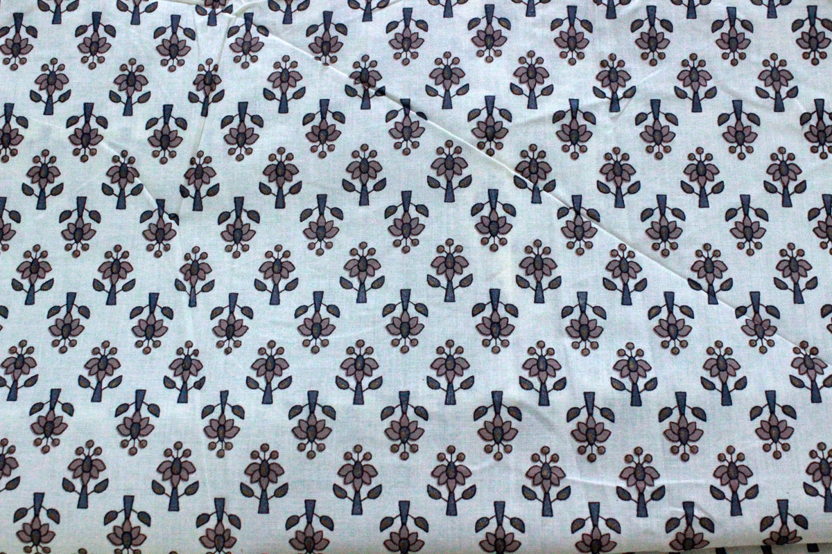 Hand Block Print Cotton Fabric: Blue Brown Floral Indian Fabric