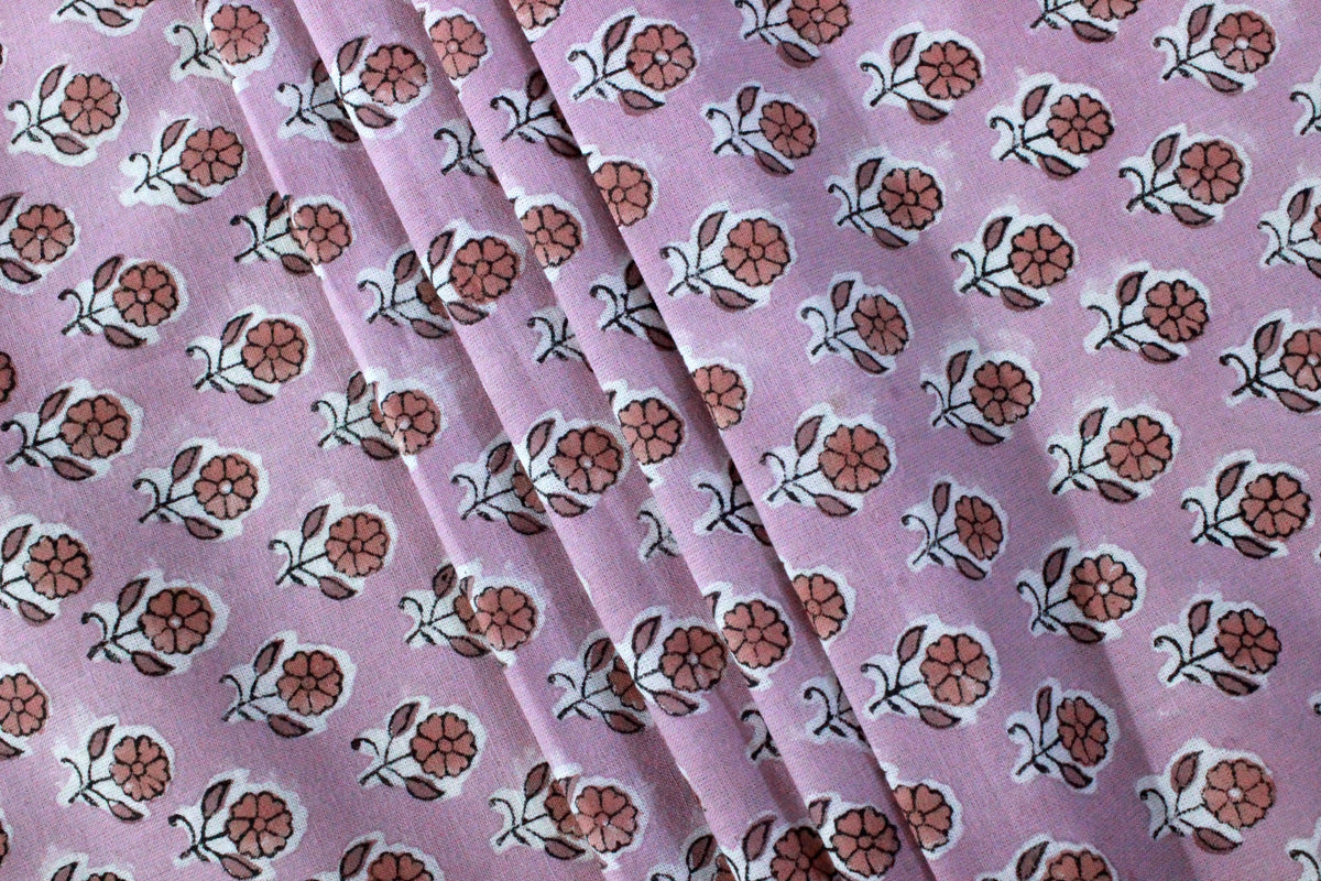 Pink Floral Block Print Linen Fabric, Red Flower Cotton Fabric