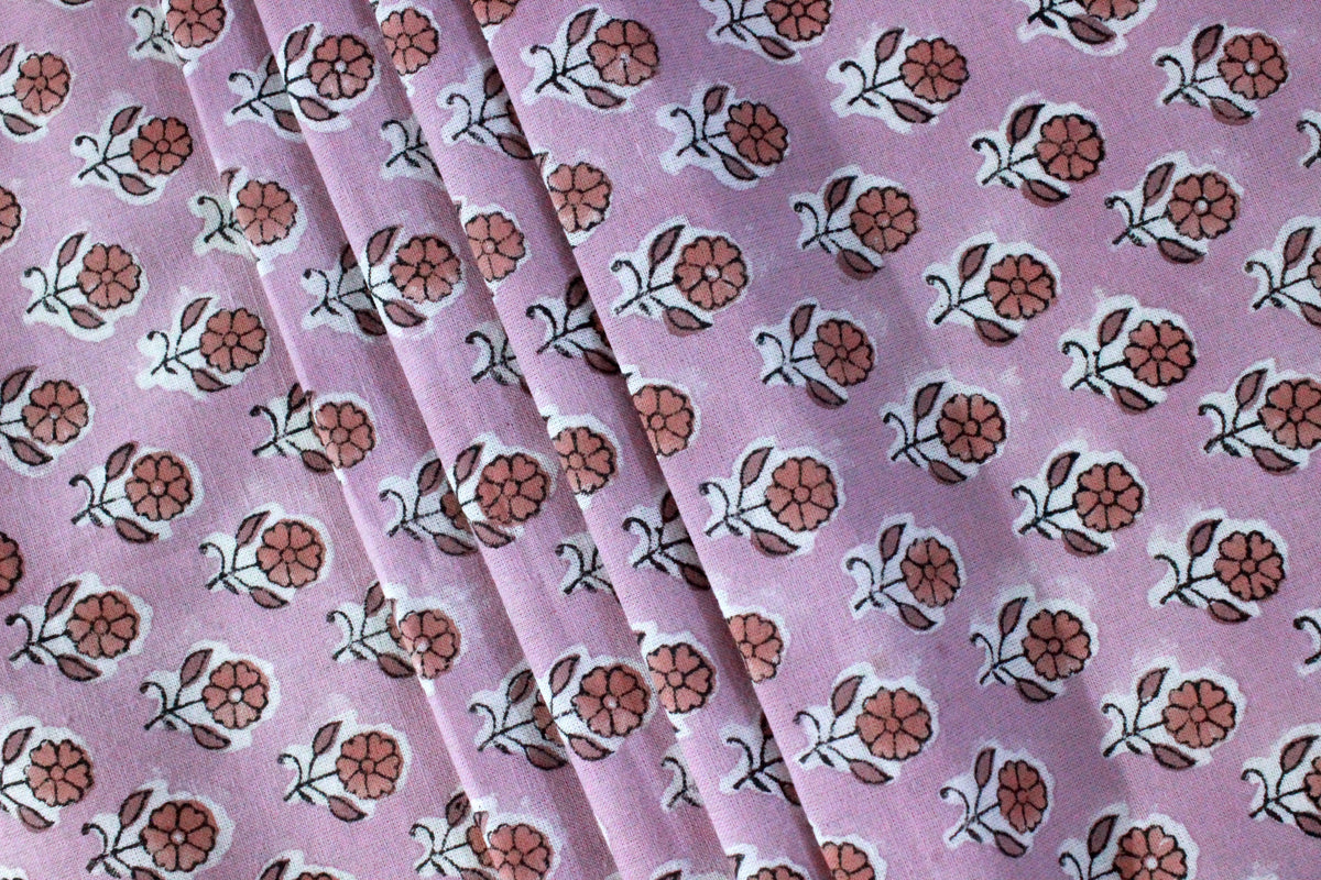 Pink Floral Block Print Linen Fabric, Red Flower Cotton Fabric
