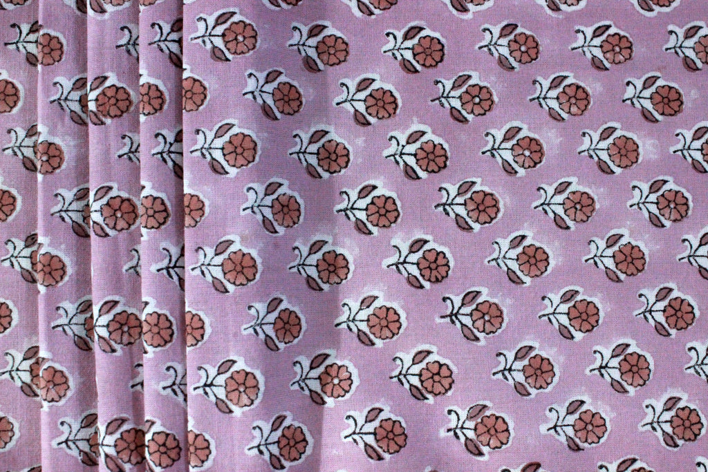 Pink Floral Block Print Linen Fabric, Red Flower Cotton Fabric