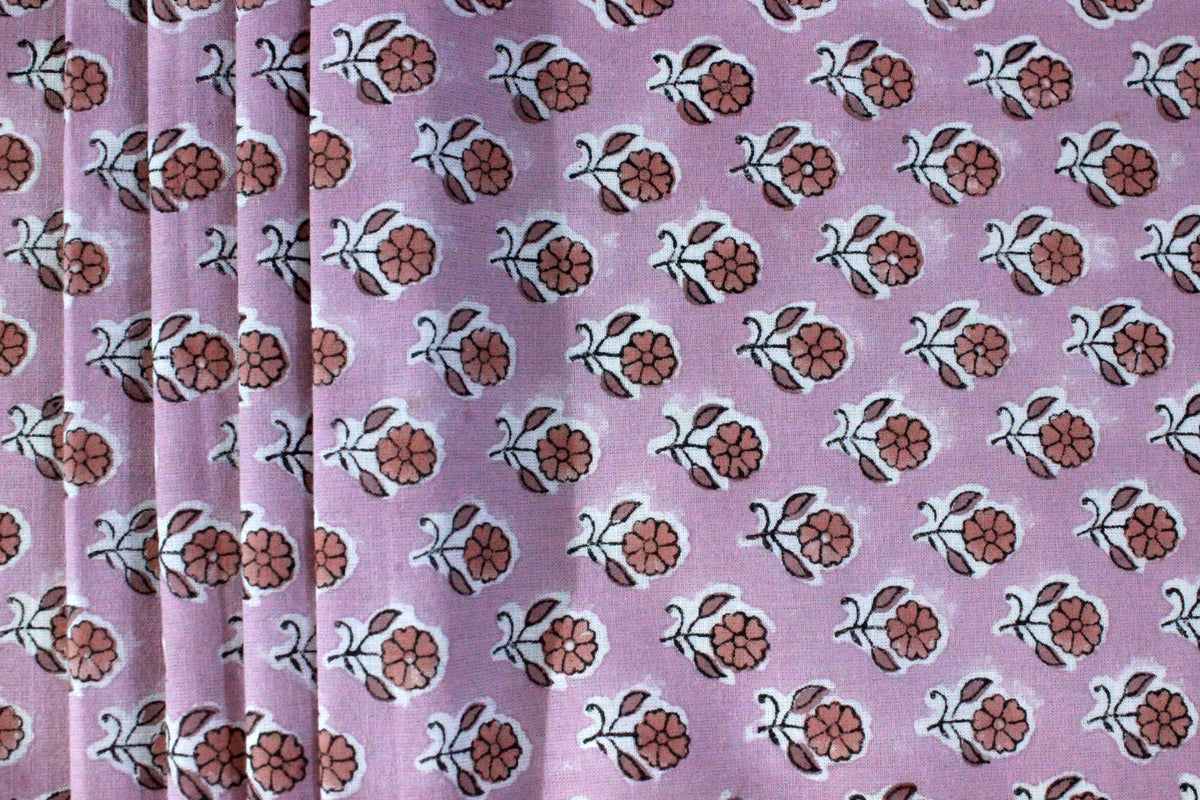 Pink Floral Block Print Linen Fabric, Red Flower Cotton Fabric