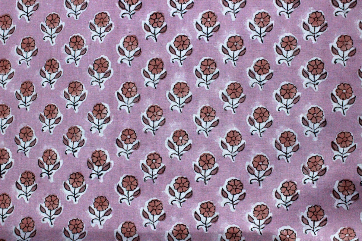 Pink Floral Block Print Linen Fabric, Red Flower Cotton Fabric