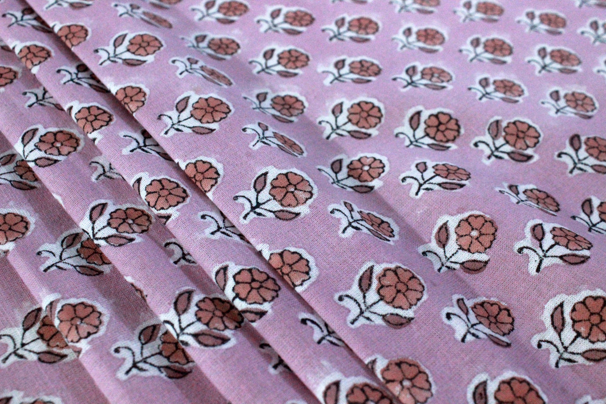 Pink Floral Block Print Linen Fabric, Red Flower Cotton Fabric