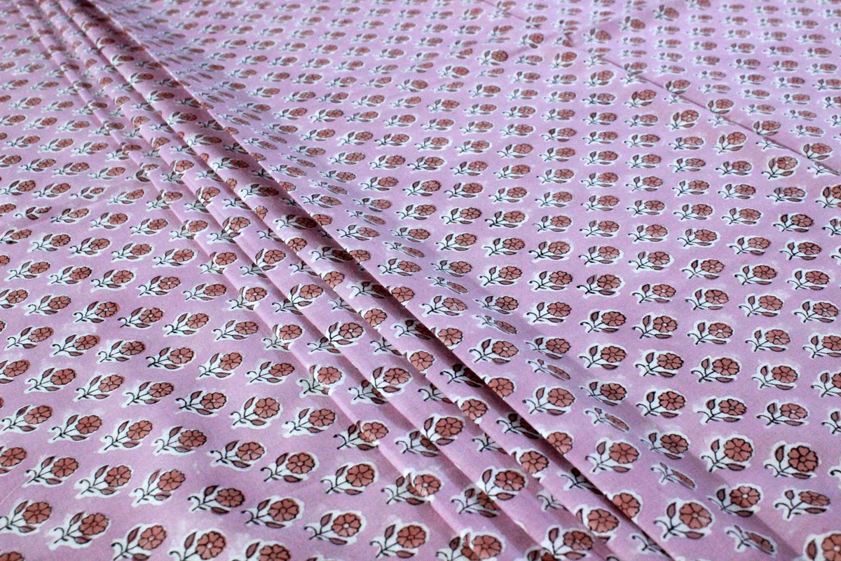 Pink Floral Block Print Linen Fabric, Red Flower Cotton Fabric