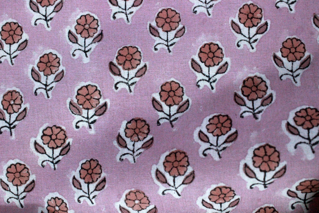 Pink Floral Block Print Linen Fabric, Red Flower Cotton Fabric
