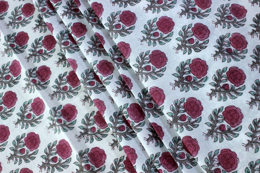 Pink & White Floral Block Print Linen Fabric - Indian Cotton By The Yard