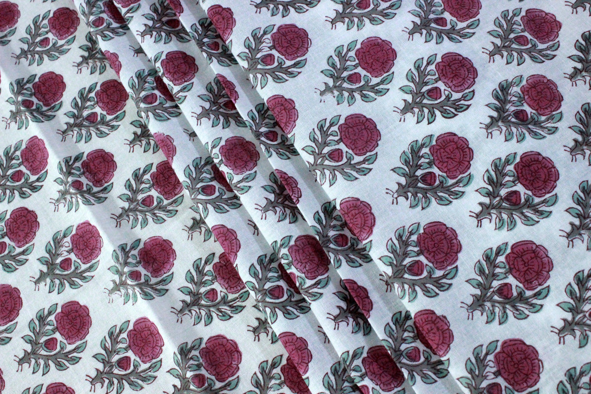 Pink & White Floral Block Print Linen Fabric - Indian Cotton By The Yard