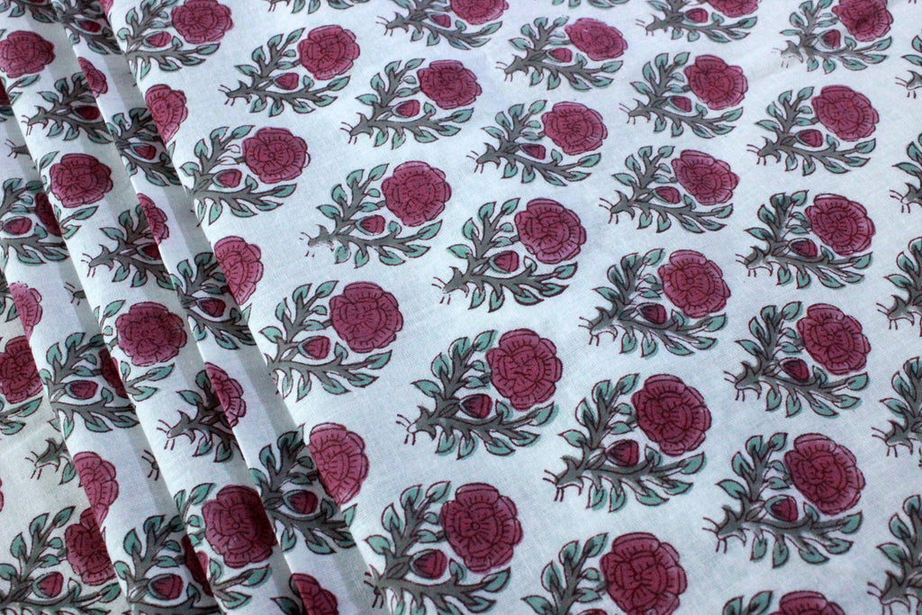 Pink & White Floral Block Print Linen Fabric - Indian Cotton By The Yard