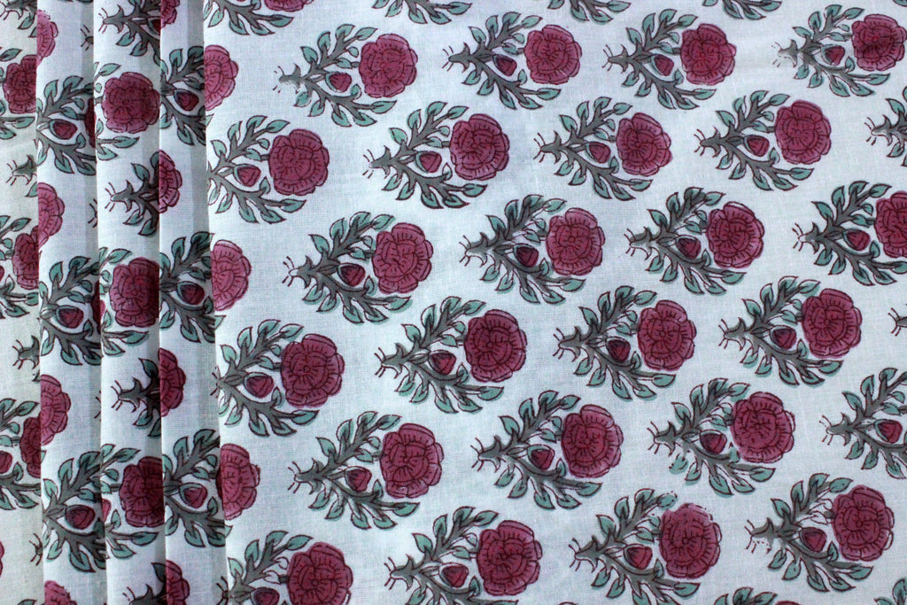 Pink & White Floral Block Print Linen Fabric - Indian Cotton By The Yard