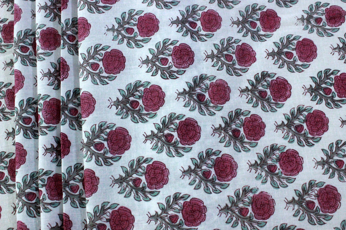 Pink & White Floral Block Print Linen Fabric - Indian Cotton By The Yard
