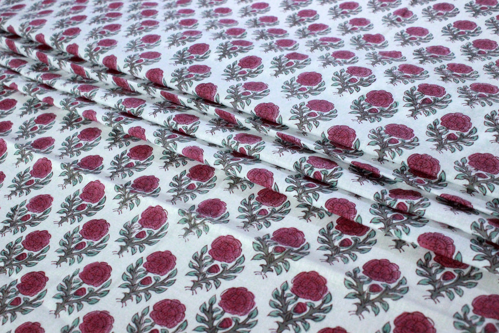 Pink & White Floral Block Print Linen Fabric - Indian Cotton By The Yard
