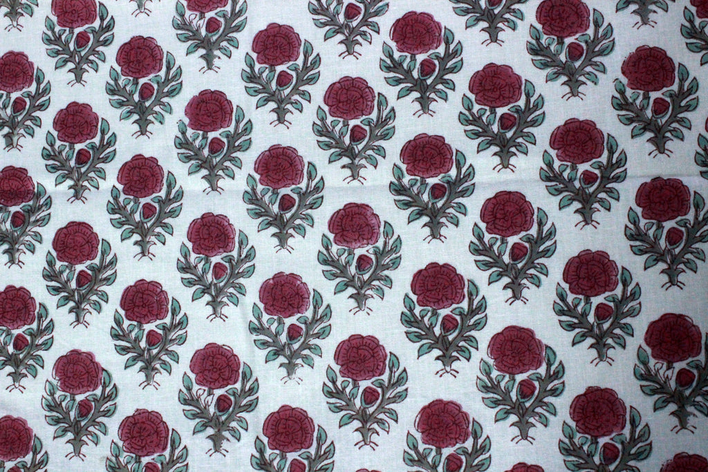 Pink & White Floral Block Print Linen Fabric - Indian Cotton By The Yard