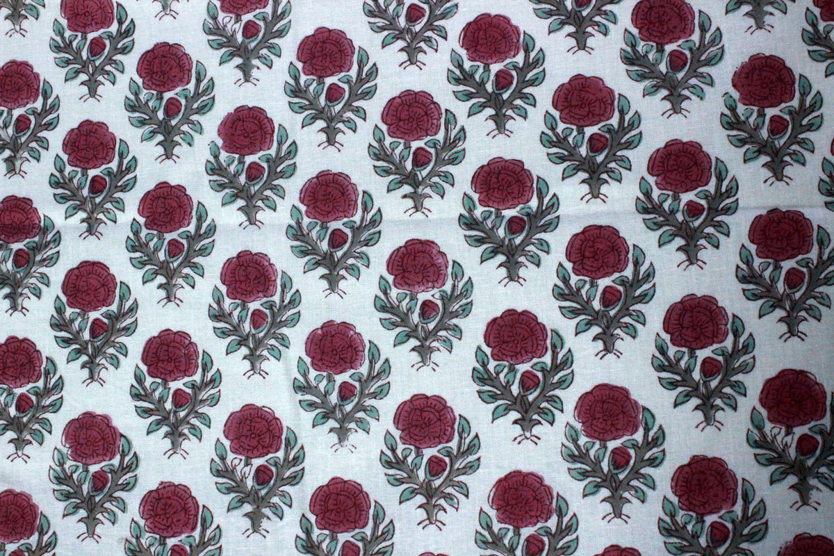 Pink & White Floral Block Print Linen Fabric - Indian Cotton By The Yard