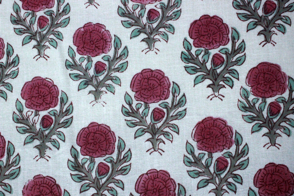 Pink & White Floral Block Print Linen Fabric - Indian Cotton By The Yard