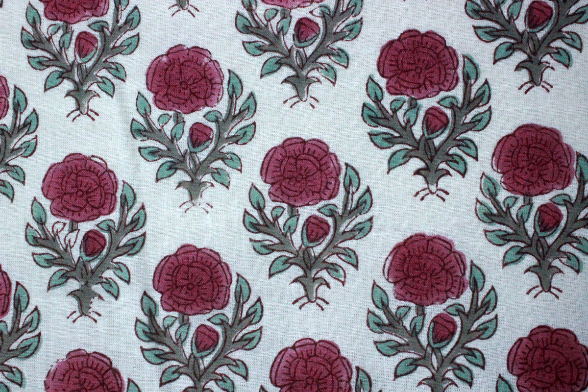 Pink & White Floral Block Print Linen Fabric - Indian Cotton By The Yard