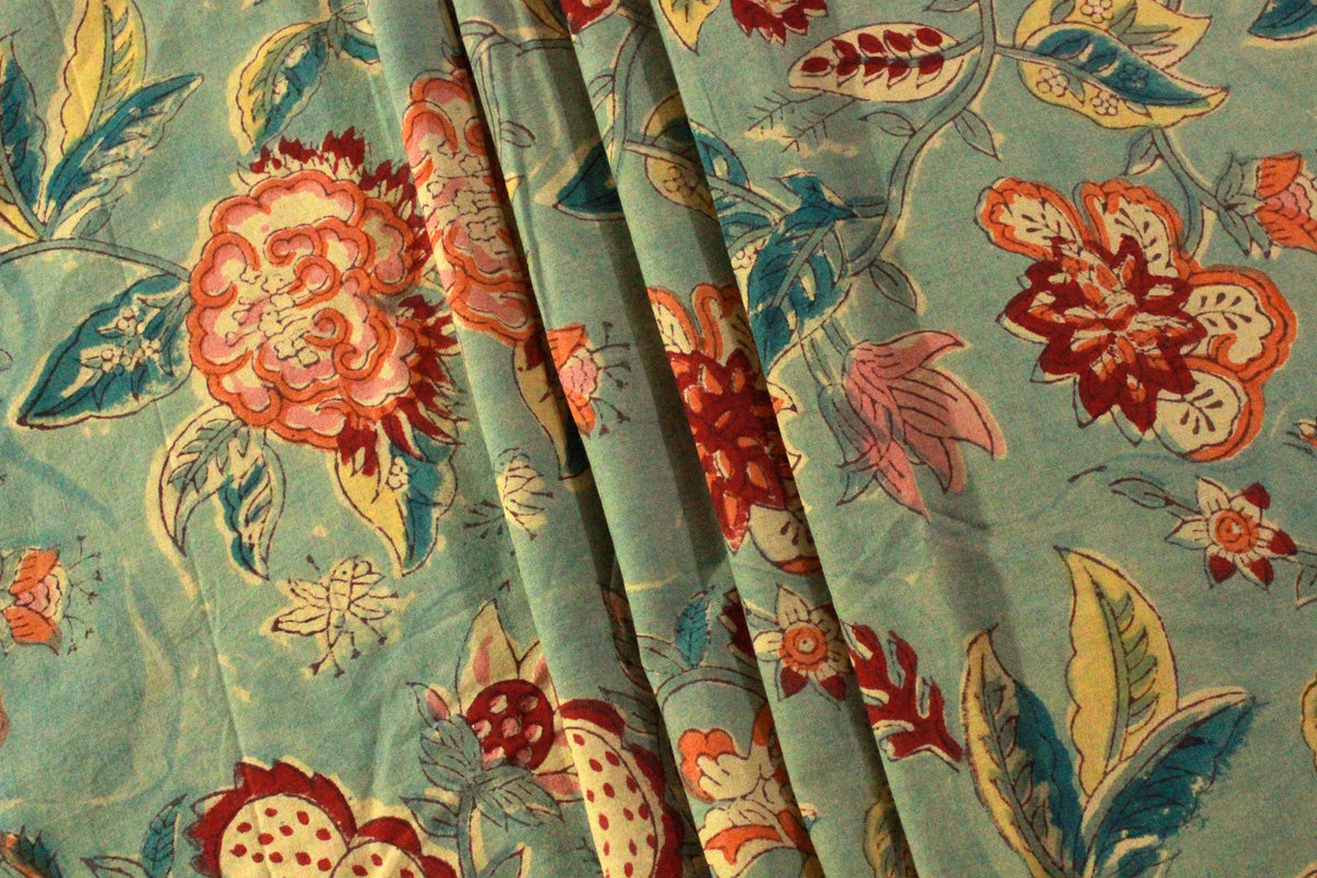 Mughal Floral Block Print Fabric: Linen & Cotton Blend, Indian Design