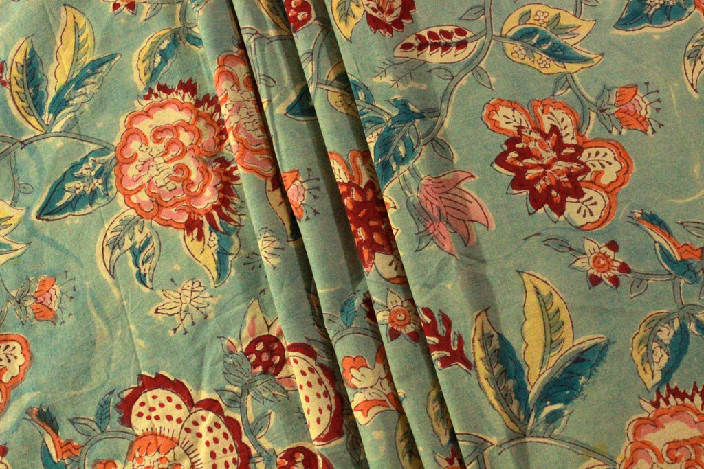 Mughal Floral Block Print Fabric: Linen & Cotton Blend, Indian Design