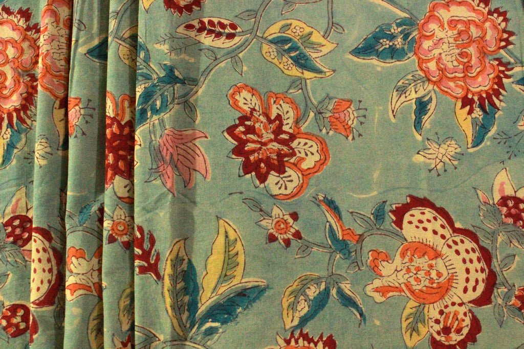 Mughal Floral Block Print Fabric: Linen & Cotton Blend, Indian Design