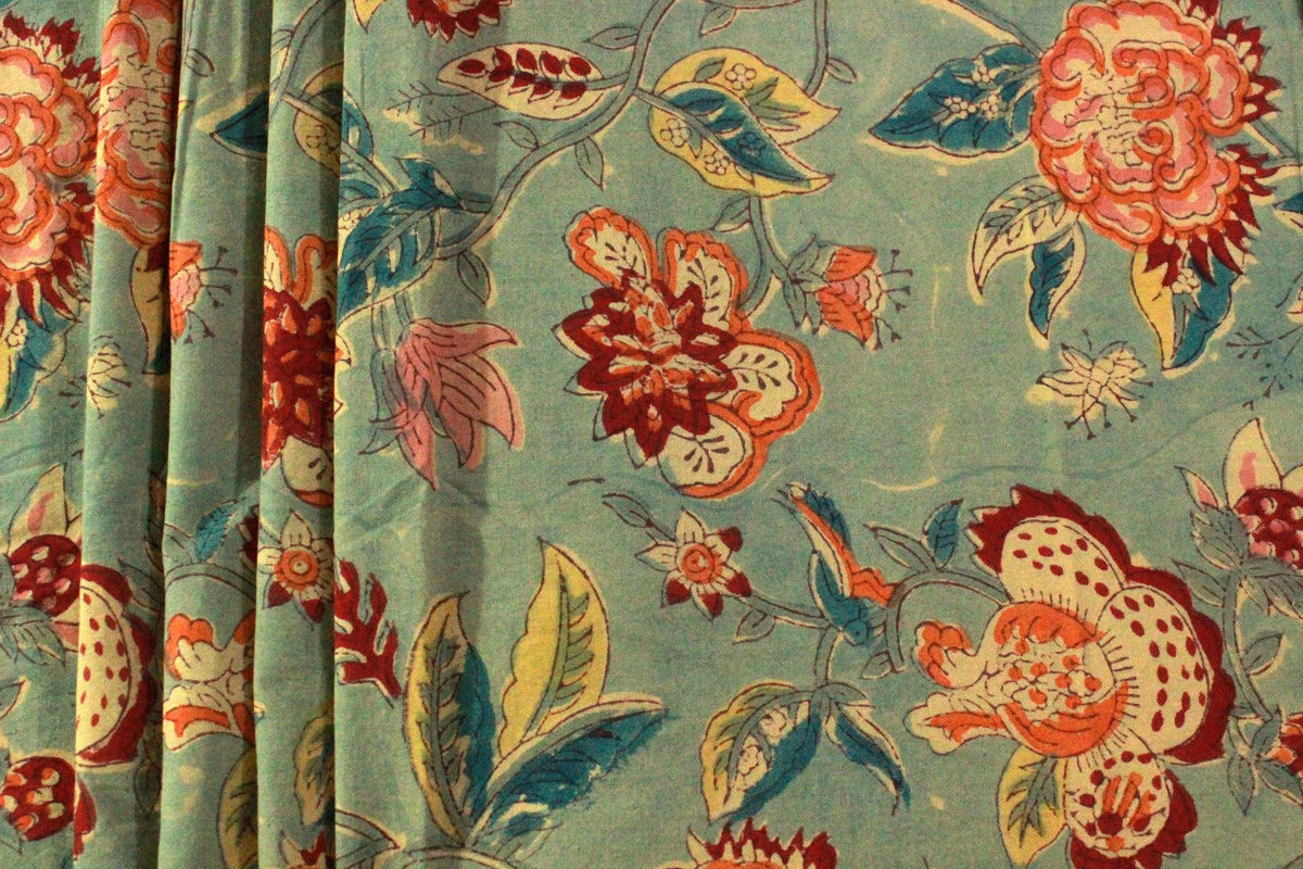 Mughal Floral Block Print Fabric: Linen & Cotton Blend, Indian Design