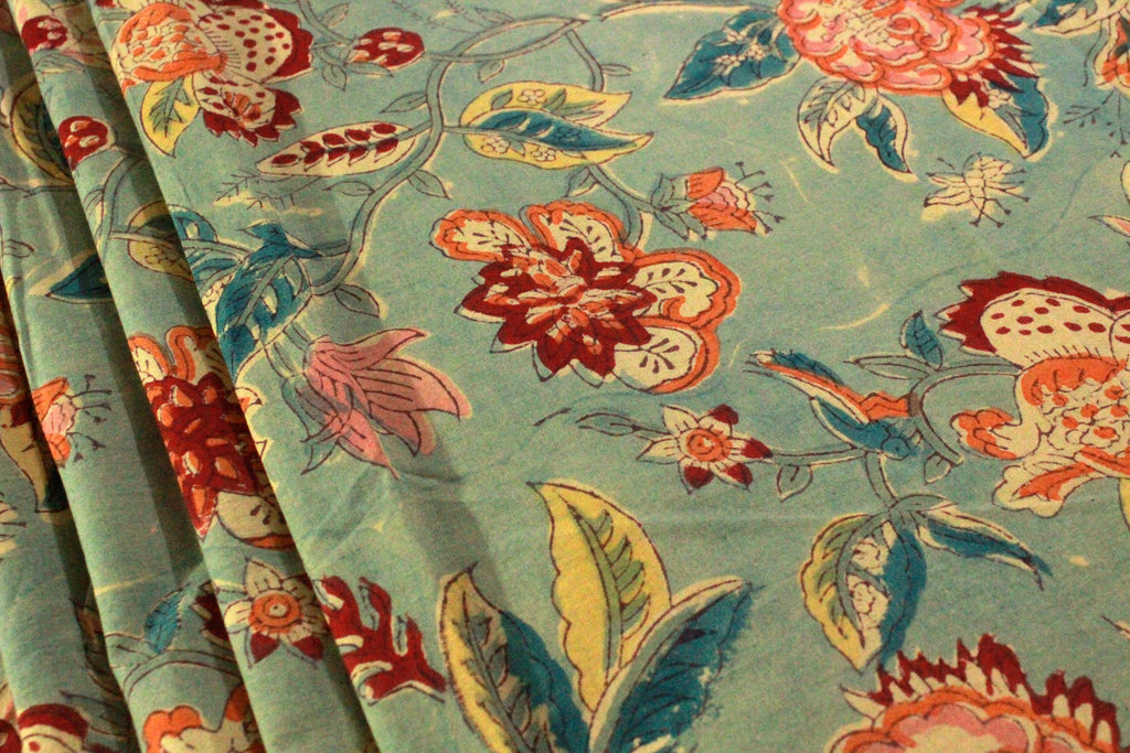 Mughal Floral Block Print Fabric: Linen & Cotton Blend, Indian Design