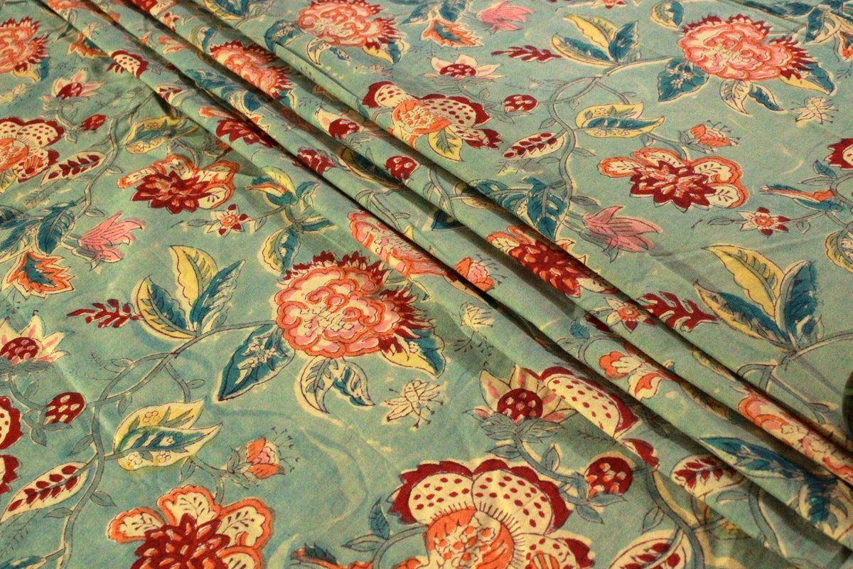 Mughal Floral Block Print Fabric: Linen & Cotton Blend, Indian Design