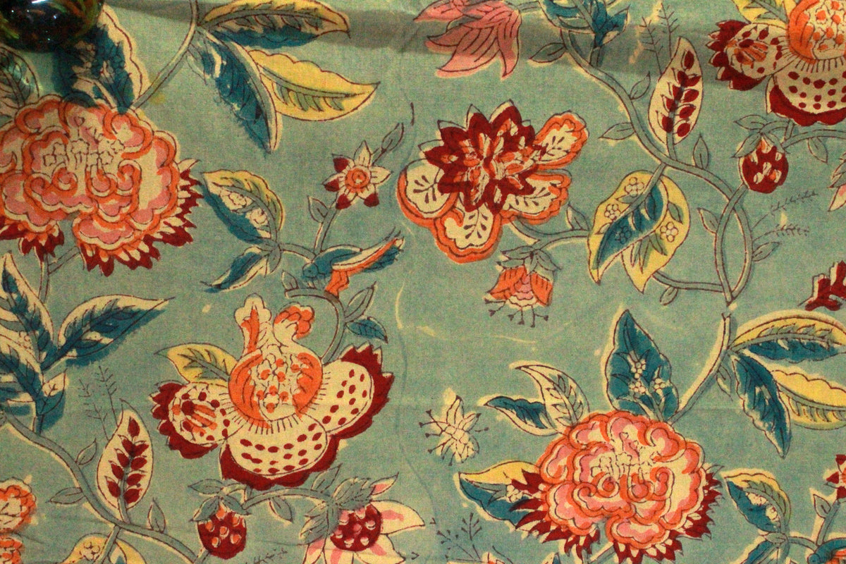 Mughal Floral Block Print Fabric: Linen & Cotton Blend, Indian Design
