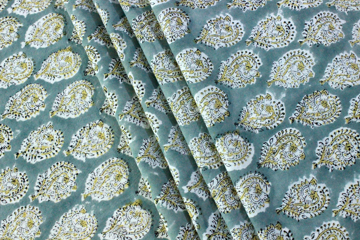 Grey & Yellow Floral Linen Fabric: Mughal Block Print