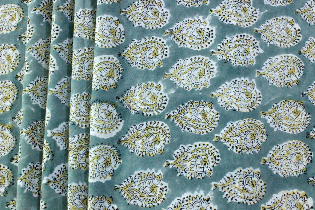 Grey & Yellow Floral Linen Fabric: Mughal Block Print