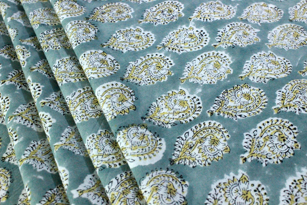 Grey & Yellow Floral Linen Fabric: Mughal Block Print