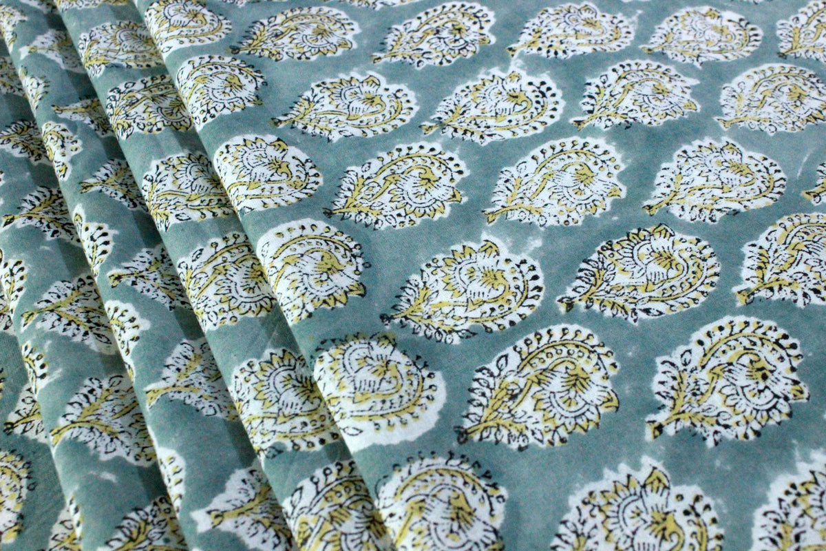 Grey & Yellow Floral Linen Fabric: Mughal Block Print