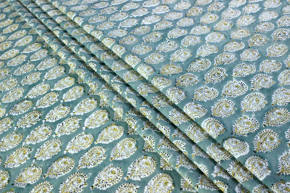 Grey & Yellow Floral Linen Fabric: Mughal Block Print