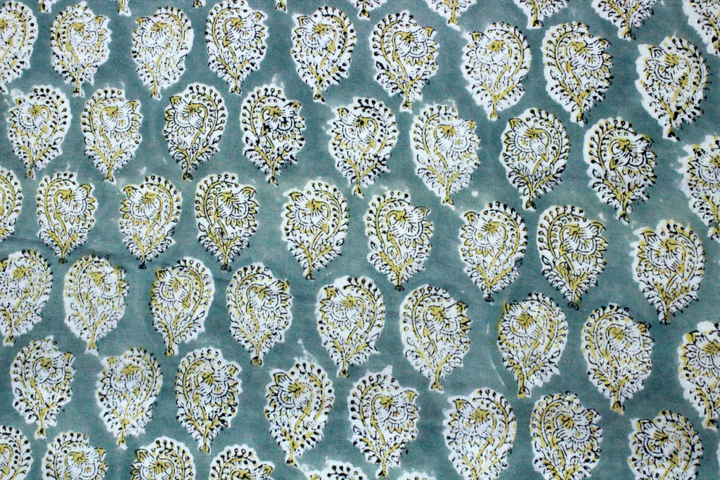 Grey & Yellow Floral Linen Fabric: Mughal Block Print