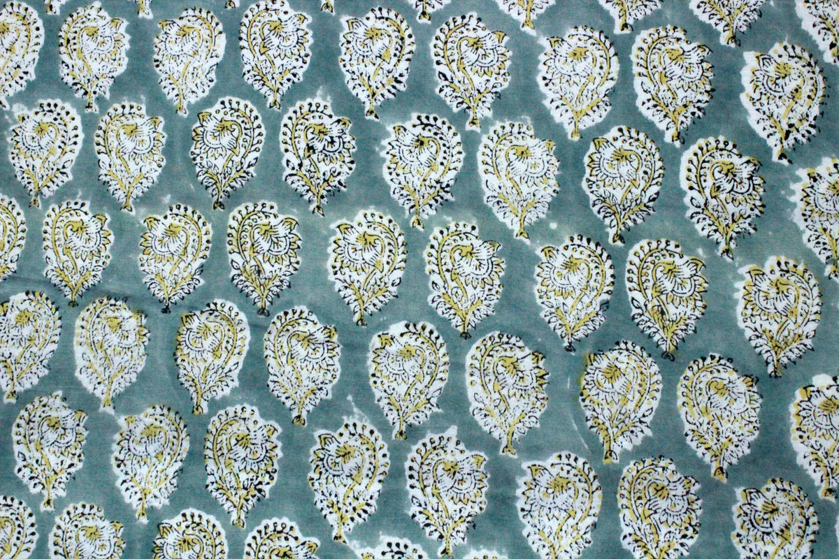 Grey & Yellow Floral Linen Fabric: Mughal Block Print