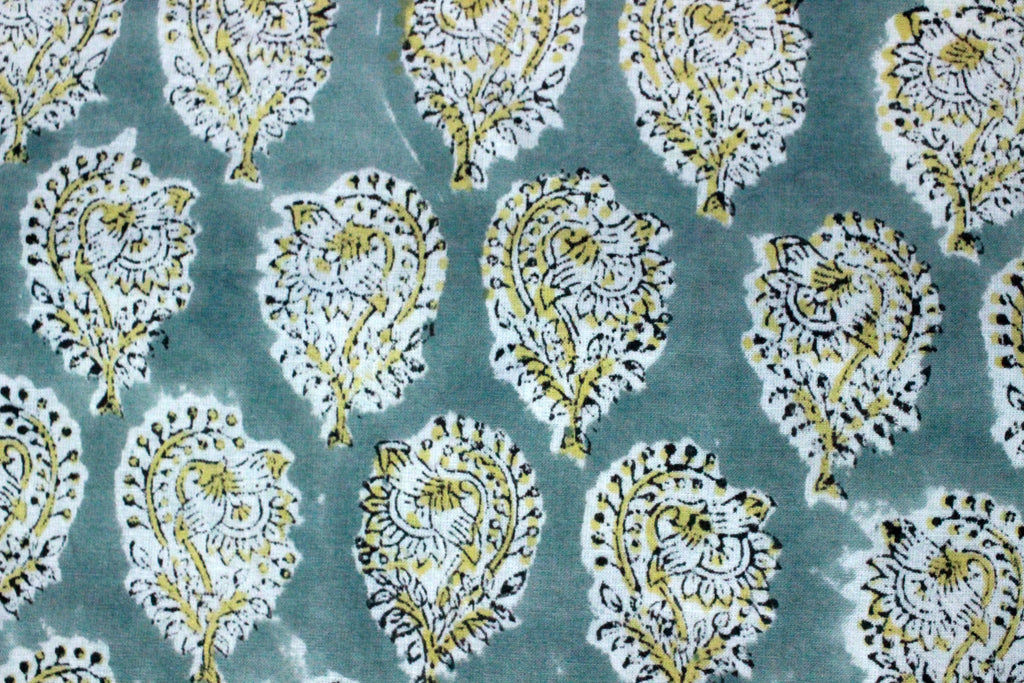 Grey & Yellow Floral Linen Fabric: Mughal Block Print