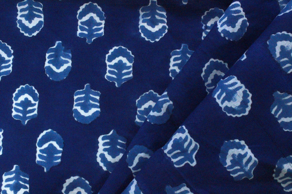 Blue & White Floral Block Print Linen Fabric - Indian Mughal Style
