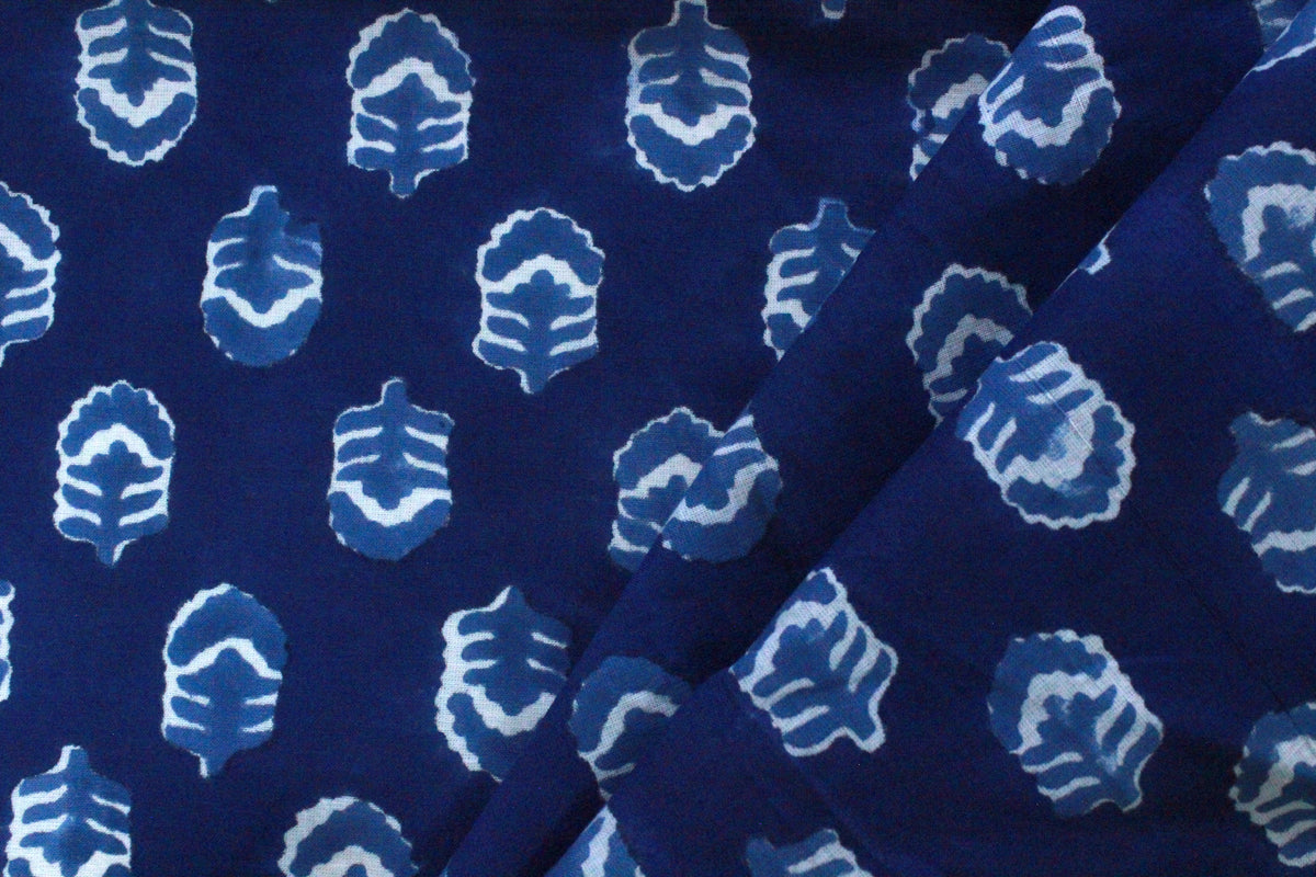 Blue & White Floral Block Print Linen Fabric - Indian Mughal Style
