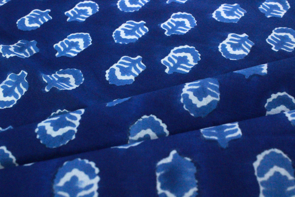Blue & White Floral Block Print Linen Fabric - Indian Mughal Style