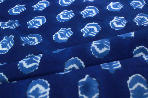 Blue & White Floral Block Print Linen Fabric - Indian Mughal Style