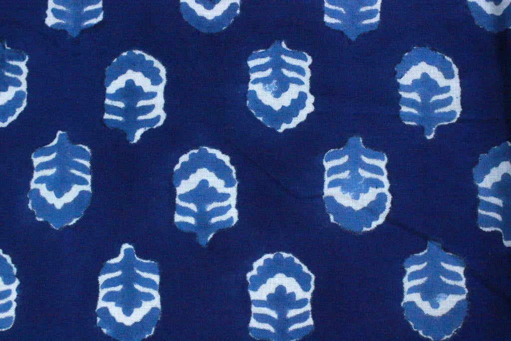 Blue & White Floral Block Print Linen Fabric - Indian Mughal Style
