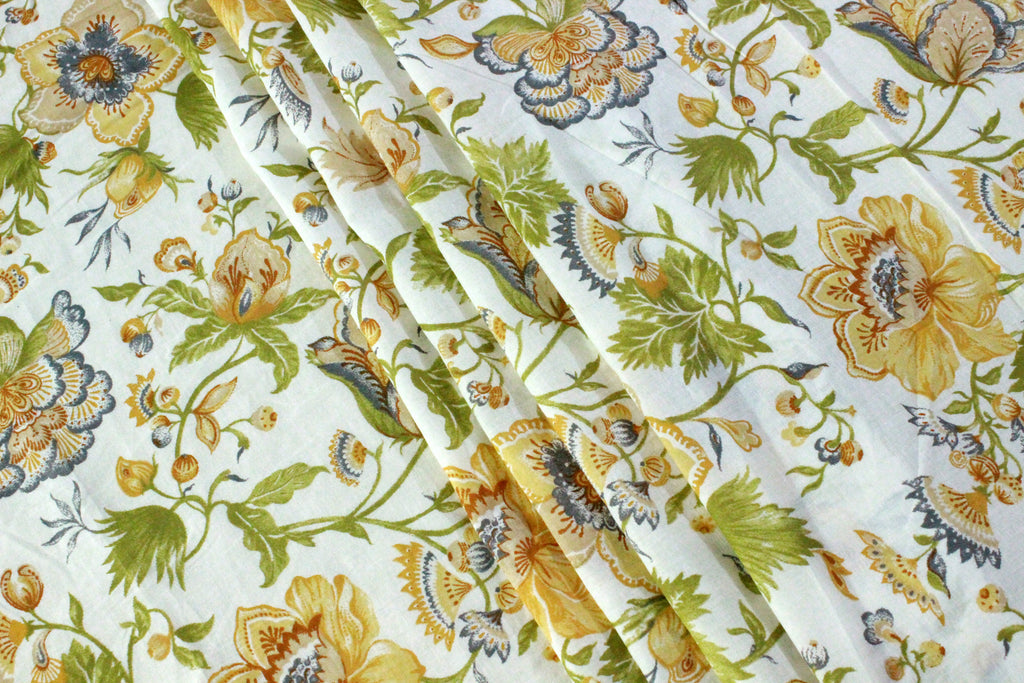 Floral Cotton Fabric: Yellow & Green Hand Block Print, Indian Mughal Style