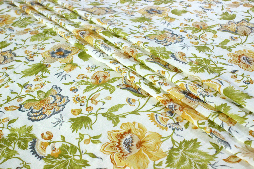 Floral Cotton Fabric: Yellow & Green Hand Block Print, Indian Mughal Style