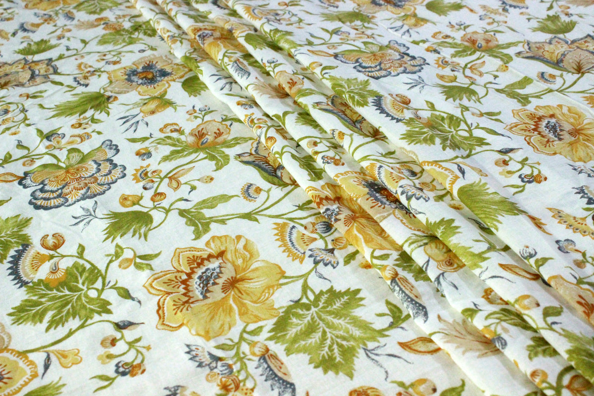 Floral Cotton Fabric: Yellow & Green Hand Block Print, Indian Mughal Style