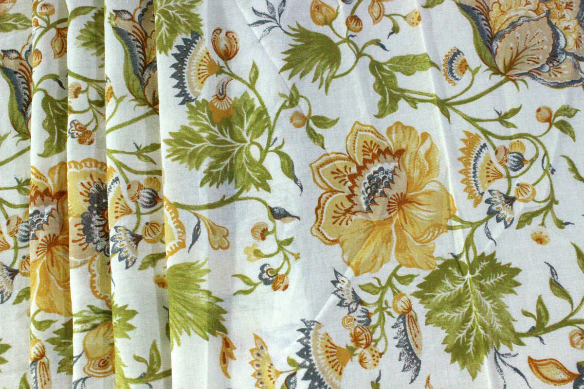 Floral Cotton Fabric: Yellow & Green Hand Block Print, Indian Mughal Style