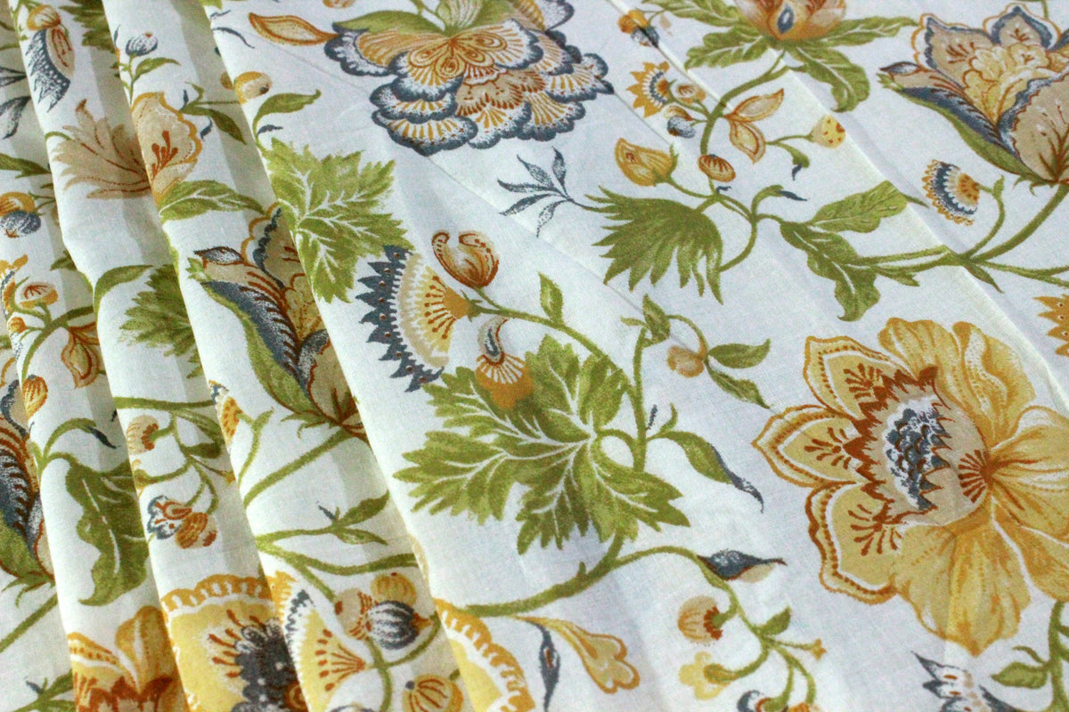 Floral Cotton Fabric: Yellow & Green Hand Block Print, Indian Mughal Style