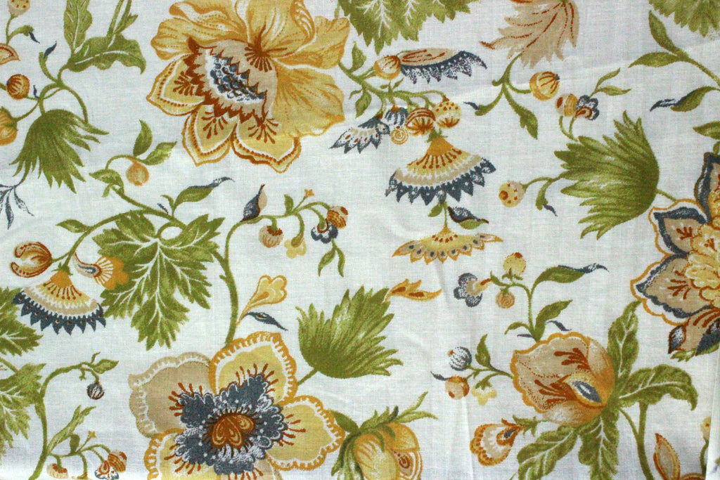 Floral Cotton Fabric: Yellow & Green Hand Block Print, Indian Mughal Style