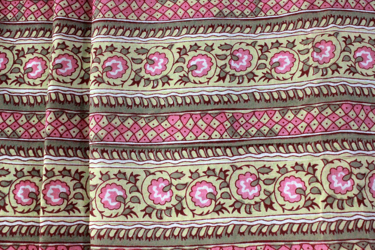 Floral Cotton Fabric: Yellow & Pink Hand Block Print Indian Fabric