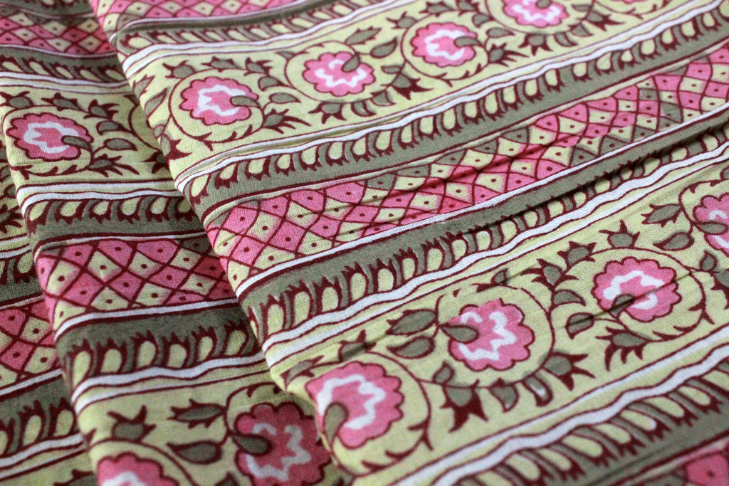 Floral Cotton Fabric: Yellow & Pink Hand Block Print Indian Fabric